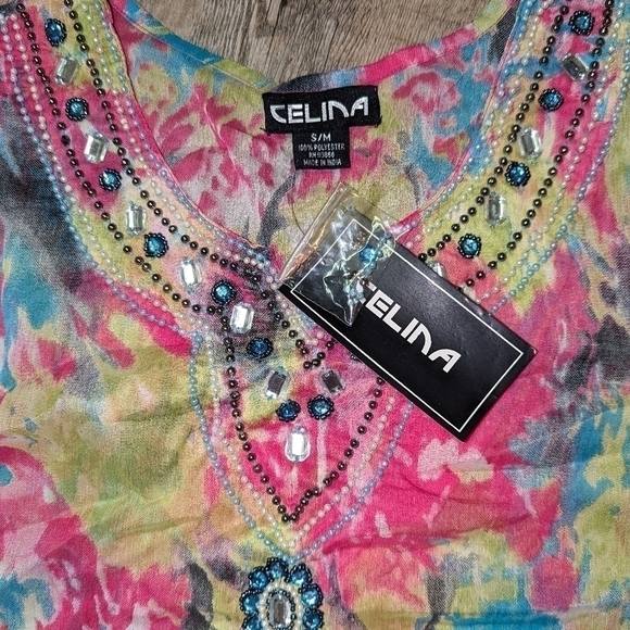 4/$15 CELINA BEADED AND RINESTONE V-NECK COLORFUL SHEER BOHO BLOUSE - Picture 3 of 5